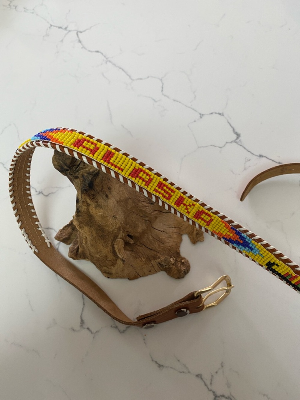 Hand-Beaded Multicolor Leather Belt - Yellow Accent